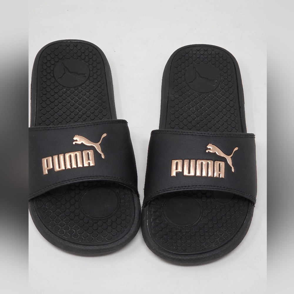 Puma Black Slides with Rose Gold Logo